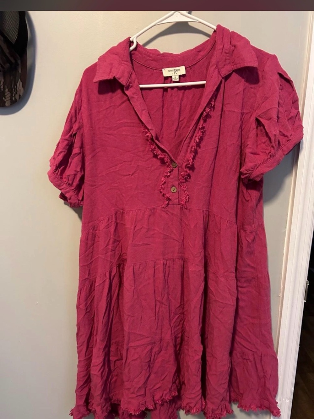 Umgee Raspberry Short Sleeve Tunic with Ruffle Trim